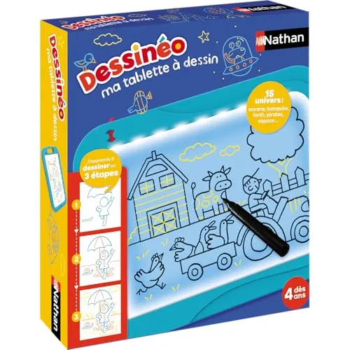 Nathan – Dessinéo Mein Zeichentablett, beleuchtetes Zeichentablett für Kinder ab 4 Jahren, zum Mitnehmen, Kreativzeit für Kinder, Lernen, schrittweise Methode, 15 Blatt