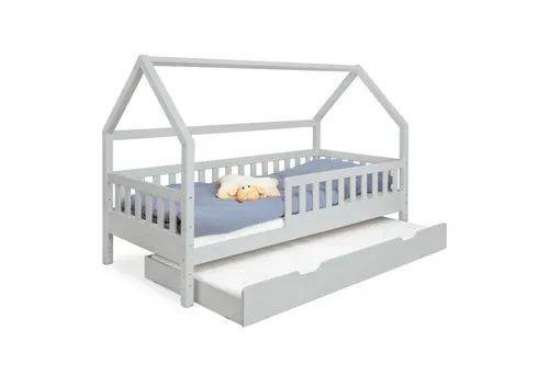 Ehrenkind Hausbett Lille aus massivem Kiefernholz inkl. Rausfallschutz und Rollrost (90x200 Hellgrau, Hausbett mit optionalem Stauraum), 2 in 1 Aufbau bodentief oder Standardhöhe