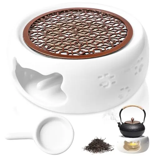PORFOYO Stövchen Für Teekanne Keramik, Keramik Teekannenwärmer, Hohl Geschnitztes Design Kaffeewärmer, Teewärmer Mit Teelicht, Weiß (Katzenform)