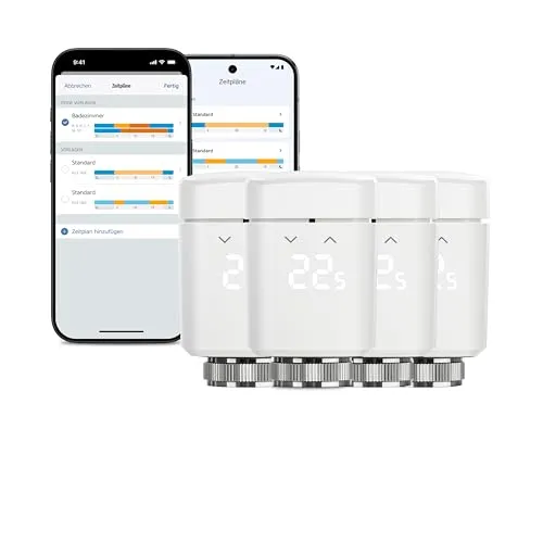 Eve Thermo (Matter) 4er Pack: Smartes Heizkörperthermostat, LED-Display mit Touch-Bedienfeld, Heizkosten sparen, Apple Home, Amazon Alexa, Samsung SmartThings, Google Home, Ben. Thread Border Router