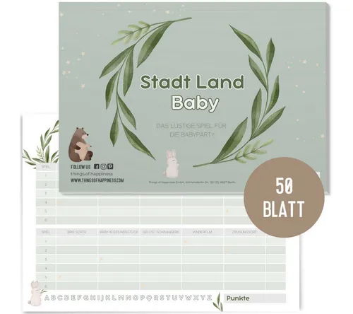 Things of Happiness Spiel Stadt, Land, Fluss, Baby, Babyparty Spiel, Kultspiel für die Babyshower Party, Quizblock DIN A4 mit 50 Blatt