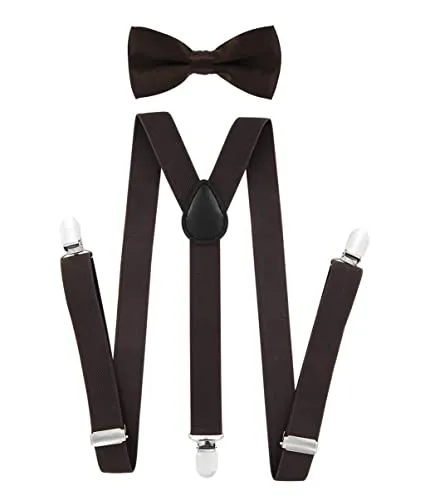 axy Kinder Jungen Hosenträger-Y Form 2,5cm breit mit Fliege - 3 Stabile Clips für Kinder 7-12 Jahre alt (Braun)