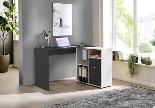 BMG Möbel Eckschreibtisch LENI - Eckschreibtisch in modernem Anthrazit-Weiß, mit abschließbarer Tür und vielfältigen Ablageflächen, ideal für Home Office oder kleine Büros. Spiegelverkehrt montierbar.