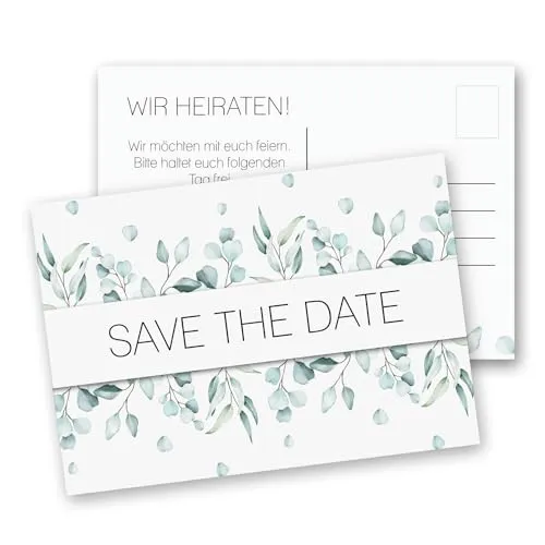 younikat 15 Postkarten Save the Date I DIN A6 I Eukalyptus I Set Hochzeit Wedding Einladungs-Karten I grün weiße Blätter I dv1277