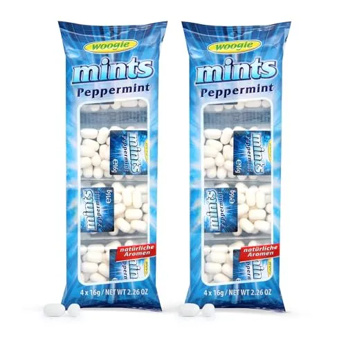 Woogie Mints Peppermint 2er Pack – Erfrischende Pfefferminz-Zuckerdragees im praktischen Mini-Format – 2x4 Döschen à 16g – Ideal für unterwegs, Büro & Auto – Intensiver Minzgeschmack für frischen Atem