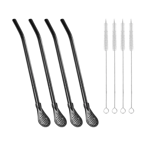 Yerba Mate Trinkhalm-Filterlöffel aus Edelstahl und 4 Reinigungsbürsten, 4 Stück Bombilla, wiederverwendbare Trinkrührstäbchen, Metallrührer für Kaffee, losen Tee, Cocktail (schwarz)
