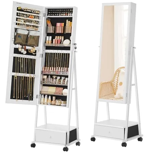 SONGMICS Schmuckschrank, Ganzkörperspiegel, Spiegelschrank, abschließbarer Schmuckorganizer mit Schublade, Rollen, Geschenkidee, weiß JJC004W02
