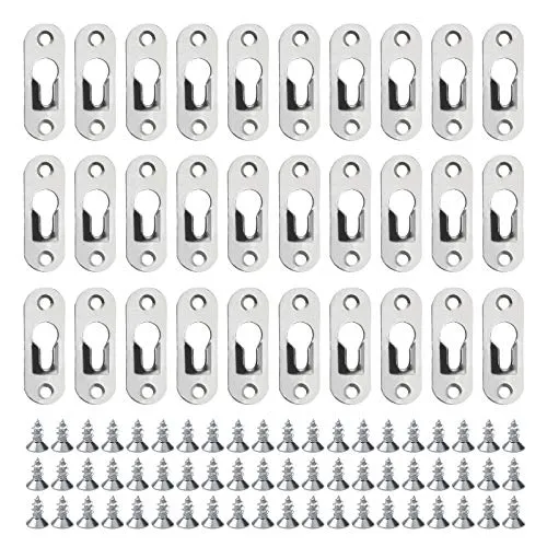 Stück Schlüsselloch Aufhänger Bildaufhänger aus Metall, Bilderrahmen Haken zum Aufhängen mit 60 Stück Schrauben und Aufbewahrungsbox, Silber, 44 mm 30