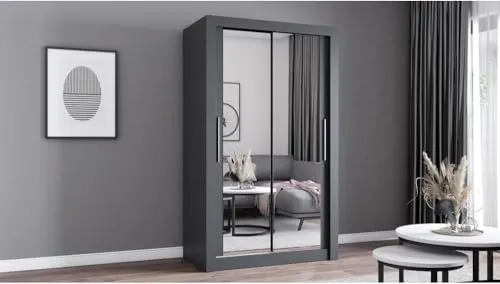 Fabryka Mebli Idźczak Kleiderschrank mit Spiegel - Moderner Schwebetürenschrank 64 x 120 x 215 cm - Kleiderschrank mit großem Spiegel und leichtgängigen Schiebetüren für optimale Organisation und Platzersparnis. Ideal für Schlafzimmer und Ankleidezimmer.