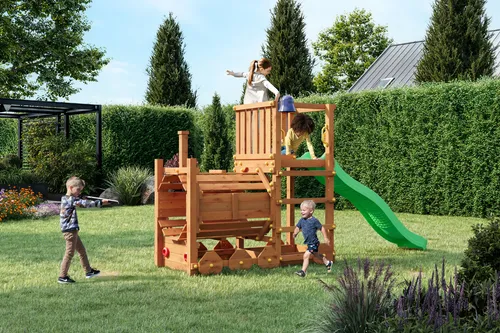 Fungoo Loco Spielturm mit Rutsche und Doppelschaukel - Klettergerüst mit einzigartigem Dampflok-Tunnel und 2,2 m Rutsche – ideal für kreative Abenteuer und sicheren Spielspaß im eigenen Garten.