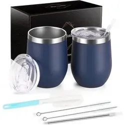 Edelstahl Weinbecher Set mit Deckel - Dunkelblau (2 Stück) - Entdecke das Edelstahl Weinbecher Set in Dunkelblau! Doppelwandig isoliert, hält Getränke länger warm oder kalt. Ideal für Zuhause, Büro und Outdoor. Auslaufsicherer Deckel und umweltfreundliche Strohhalme inklusive.