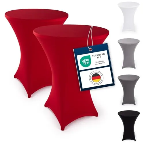 Blumtal 2er Set Stretch Stehtisch Hussen Bügelfrei - Oeko -TEX zertifizierte Tischhussen für Stehtische Ø 80 – 85 cm - Verstärkung im Fußbereich - waschmaschinengeeignet - Rot