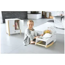 Small foot - Little Button - Puppenwiege - Puppenmöbel mit skandinavischem Design, abnehmbaren Kufen und Baldachin, ideal für Puppen bis 46 cm. Inklusive genderneutraler Wendebettwäsche und Mobile für süße Träume.