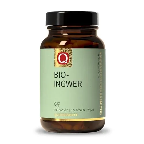 Quintessence Bio-Ingwer Kapseln - 3 Monats Vorrat mit 240 Kapseln - Vitamine: Hochwertige Bio-Ingwer Kapseln für Ihr Wohlbefinden, geschmacksneutral und vegan, handwerklich in Deutschland hergestellt.