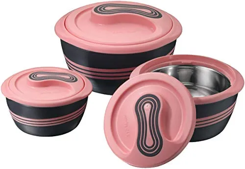 Pinnacle Thermoschüssel mit Deckel 3tlg. Set 2,5 l /1,4 l /0,95 l - Edelstahl - Warmhaltbehälter Essen, Salatschüssel - Thermoschüsseln für Heiße Speisen - Rosa