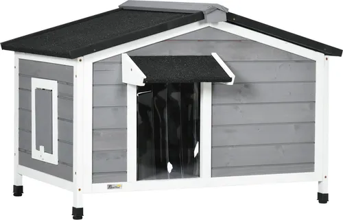 PawHut Outdoor-Hundehütte, Hundehütte aus Holz mit faltbarem Asphaltdach, 2 Fenstertüren mit Vorhang und abnehmbarem Boden, für drinnen und draußen, 97 x 72 x 65 cm, Grau