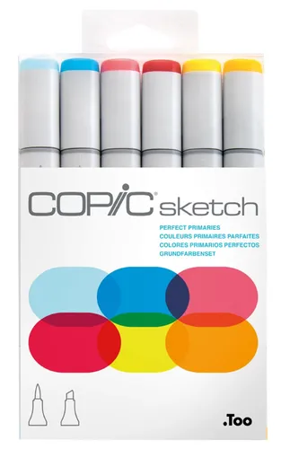 COPIC Layoutmarker Sketch Set Perfect Primaries, 6 Stück - Schreibutensilien mit 6 hochqualitativen Farben und flexibler Pinselspitze, ideal zum Schattieren und Verblenden für kreative Projekte.