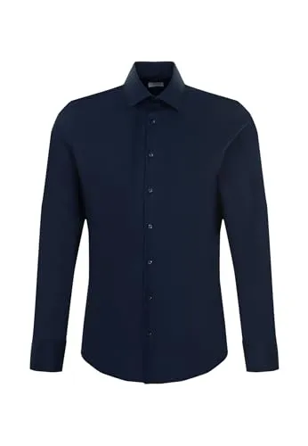 Seidensticker Herren Business Slim Bügelfrei Kent Langarmhemd, Dunkelblau, 38 EU - Herrenhemden mit weitenverstellbaren Manschetten, einem eleganten Patch im Kragen und praktischer Brusttasche für einen stilvollen Look ohne Bügeln.