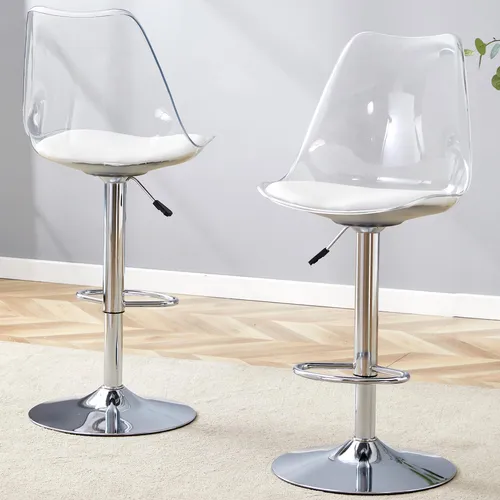 MODFU 2er-Set Barhocker mit transparenter Rückenlehne - Moderne Barhocker mit drehbarem Sitz und Höhenverstellung. Transparente Lehne und stilvolle Metallbeine für ein luftiges Raumgefühl. Ideal für Küche, Bistro oder Home Office – bequem und flexibel für jeden Anlass.