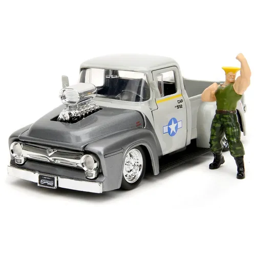 JADA TOYS Street Fighter 1956 Ford Pickup mit Guile Figur - Modellfahrzeuge: Detailliertes 1:24 Fertigmodell mit funktionsfähigen Teilen und einer exklusiven Guile Figur – ein Muss für Street Fighter-Fans und Oldtimer-Liebhaber!
