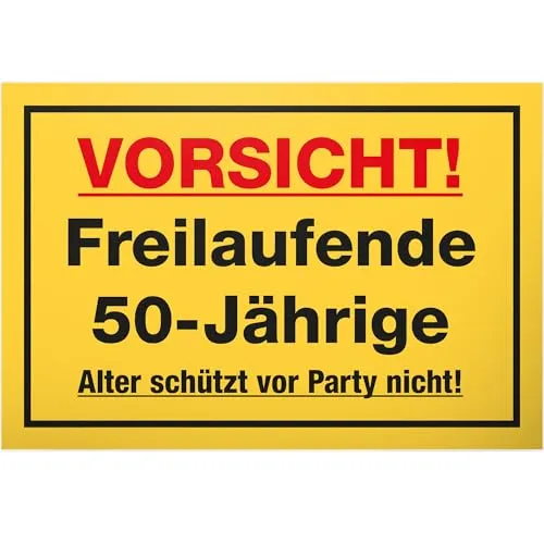 DankeDir! Freilaufende 50 Jährige - Lustiges Schild zum 50. Geburtstag - Ein witziges 30 x 20 cm Spruchschild als humorvolle Geschenkidee zum 50. Geburtstag. Perfekt als Überraschung und Partydeko für die Geburtstagsfeier. Entdecke mehr tolle Gag Geschenke von DankeDir!