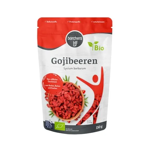 BORCHERS Bio Gojibeeren, 150g, Superfood, Knabberei, sonnengetrocknet, süßlicher Geschmack, Glücksbeere, Wolfsbeere, Bio-Qualität, Proteinquelle, ballaststoffreich, vegan, zum Kochen & Backen