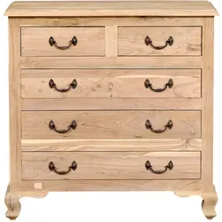 Marrakesch Kommode Abetare 90 cm aus Massivholz - Vintage Kommode aus massivem Teakholz mit 5 Schubladen, geschwungenen Füßen und edlen Metallgriffen – ideal für stilvolles Wohnen und praktische Aufbewahrung.