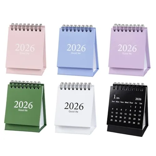 PIWOSGOL 6 Stück Mini Tischkalender 2026, Kalender 2026 zum Hinstellen, Stehkalender, Schreibtischkalender mit Aufklebern, Calendar 2026 für Schule Büro Zuhause