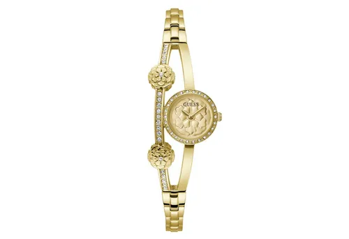 Guess Bejeweled Empower Armbanduhr - Kategorie: Armbanduhren, luxuriöse Damenarmbanduhr mit goldfarbenem Edelstahlarmband und funkelnden Steinen auf dem Zifferblatt, ideal für besondere Anlässe.