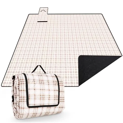 Tixexo Picknickdecke 200x200,picknickdecke wasserdicht wasserdicht Waschbar, isoliert stranddecke Sandfrei XXL,Bequeme leicht zu tragen für Outdoor, Camping, Strand (Beige Karo)