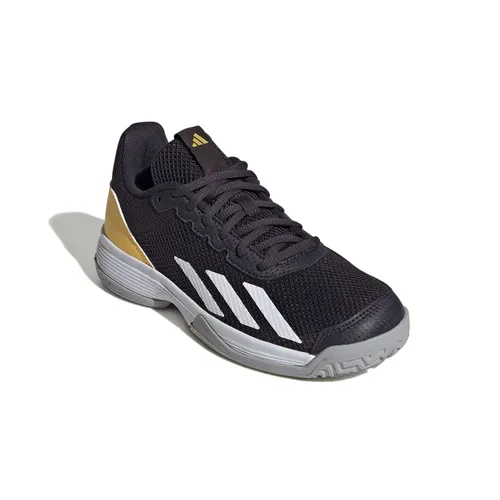 adidas Courtflash Tennisschuhe für Kinder 2024 - Schwarz/Gelb/Grau - Sneaker für schnelle Tennismatches, leichtes atmungsaktives Obermaterial und griffige Adiwear Außensohle für blitzschnelle Beschleunigung auf jedem Untergrund.