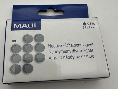 MAUL Neodym-Scheibenmagnet 8 mm Haftkraft: 2,8 kg silber 10 Stück