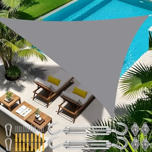 Sonnensegel inkl 24er Befestigung Kit,3.6x3.6x3.6m Wasserdichter Sonnenschutz Dreieck Sonnenschirm Außenüberdachung Garten Patio Pool Shades Segel Markise Camping Schatten (Hellgrau)