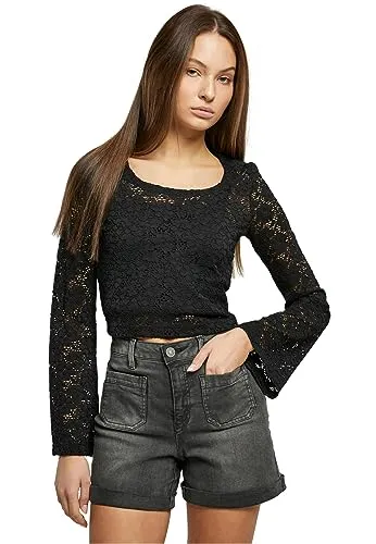 Urban Classics Damen T-Shirt Ladies Cropped Lace Longsleeve Black S