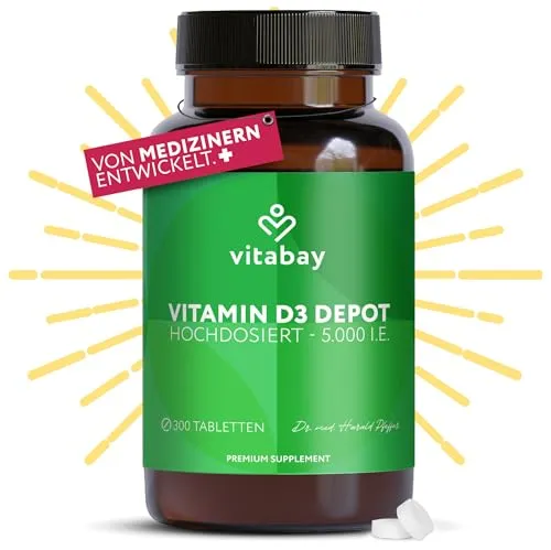 Vitabay Vitamin D3 Depot Hochdosiert 5000 IE - 300 Vegane & Laborgeprüfte Vitamin D Tabletten ohne Zusätze - Trägt zur Unterstützung des Immunsystems und zur Erhaltung normaler Knochen bei