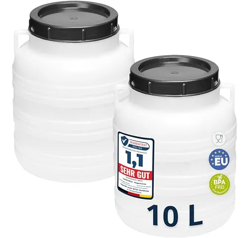 Garronda Set 2x 10 Liter Weithalsfass - BPA-frei Futtertonne und Regenwassertonne - Set aus 2 BPA-freien Fässern (10L) für vielseitige Anwendungen: ideal als Futtertonne, Lebensmittelbehälter oder Regenwasserfass. Mit weitem Hals für einfaches Befüllen und Reinigen.