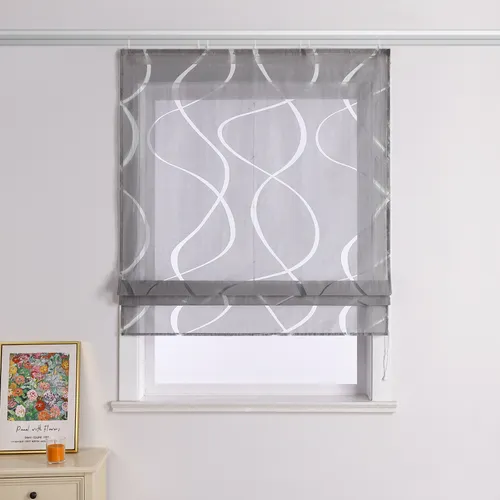 Joyswahl Raffrollo mit Klettband - Halbtransparentes Voile in Grau, 60x140cm - Rollos: Stilvolles Raffrollo aus 100% Polyester mit eleganten geschwungenen Streifen, einfach ohne Bohren zu installieren und bietet optimalen Sichtschutz.