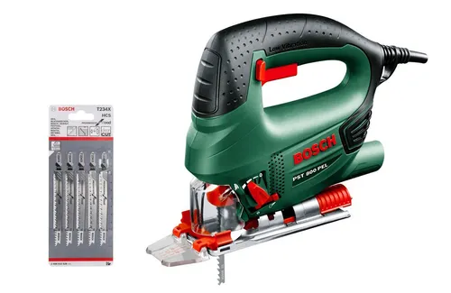 Bosch Home & Garden Pendelhubstichsäge PST 800 PEL, 5-teiliges Set - Sägen, leistungsstarke Pendelhubstichsäge mit 530 W, inkl. 5-teiligem Sägeblattset und praktischem Kunststoffkoffer für präzises Arbeiten.