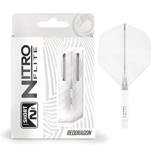 RED DRAGON Darts – Nitro Flite Integriert Flüge & Schäfte System – No.2 Form und Design – Weiß & Transparent Farbe, Kurz Länge