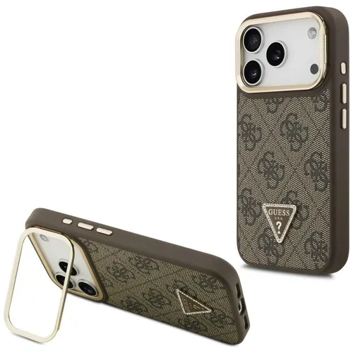 GUESS iPhone 17 Pro Hülle Case MagSafe Stand Camera Frame Strass Triangle Brown
