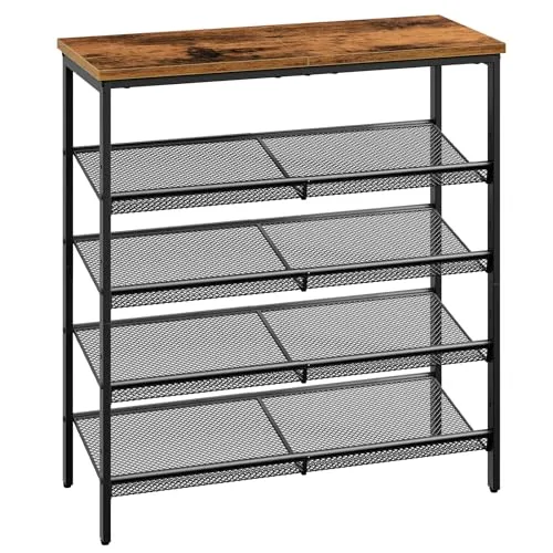 HOOBRO Schuhregal, 5-stöckiges Schuhablage, Schuhschrank, verstellbares Metallgitterregal, Geräumige Oberseite, für 16-20 Paar, Eingang, Korridor, Industrie, vintagebraun-schwarz EBF12XJ01