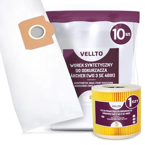 10x Vellto Staubsaugerbeutel Kompatibel mit Kärcher 6.959-130 WD3 MV3 SE 4001 SE4002 V-17 V12 A 2150 2201 2201 F A 2204 Ersatzbeutel Staubbeutel Beutel mit Filter Ersatzfilter Patronenfilter