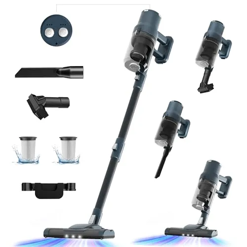 Akku Staubsauger, 30KPa 45Min Staubsauger Kabellos mit Abnehmbare Akku, 6 in 1 Leichter Kabelloser mit Wandmontierte Ladestation, 3 Saugstufen, 1.2L Großer Staubbecher für Hartböden Teppiche Tierhaare