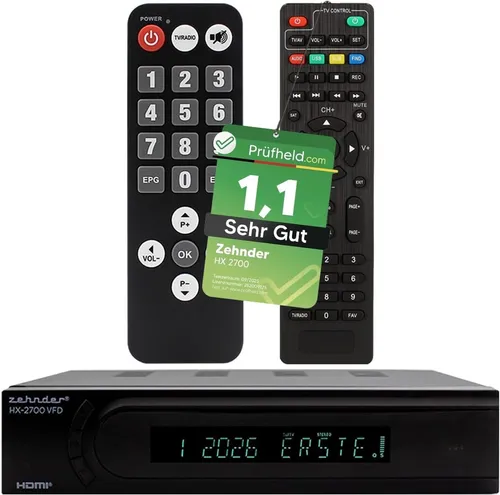 Zehnder HX 2700 VFD DVBC & DVBT2 Receiver mit Senioren-Fernbedienung - Hybrid Receiver für DVB-C & DVB-T2 mit FULL HD 1080p, firmware-aktualisierbar, PVR-Aufnahmefunktion und benutzerfreundlicher Großtastenfernbedienung.