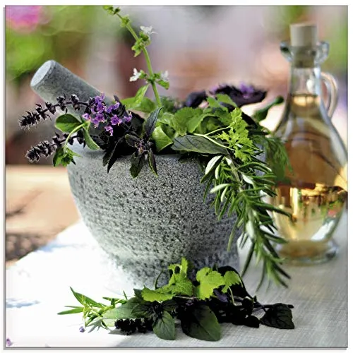 ARTland Wanddeko Glasbilder Wandbild Glas Bild einteilig 50x50 cm Quadratisch Stillleben Kräuter Gewürze Mörser Olivenöl Mediterran T5RH