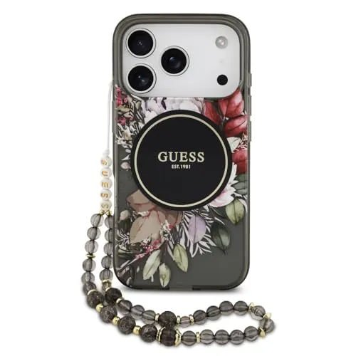 CG MOBILE Guess IML Blumen Pearl Armband kompatibel mit MagSafe Hülle für iPhone 17 Pro (Schwarz)