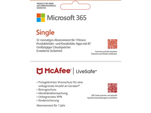 Microsoft 365 Single & McAfee LiveSafe Bundle, 12 Monate für 1 Nutzer (5 Geräte), Download Code - [Multiplattform]