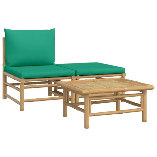 vidaXL 3-tlg. Garten-Lounge-Set mit Grünen Kissen aus Bambus - Elegantes Gartenmöbel-Set aus langlebigem Bambus mit bequemen, dick gepolsterten Kissen für höchsten Sitzkomfort – ideal für entspannte Stunden im Freien.