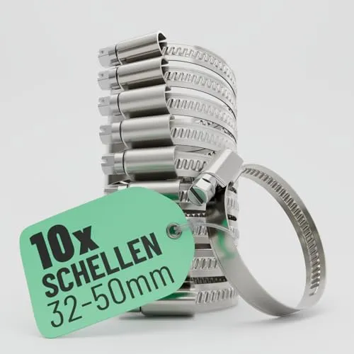 greate 10x Schlauchschellen Edelstahl 32-50 mm - Einstellbare Schlauchschelle mit 9 mm Bandbreite - Rohrschelle rostfrei - Schellen für Pool, Teich, Waschmaschine uvm - Schraubschellen Edelstahl 304
