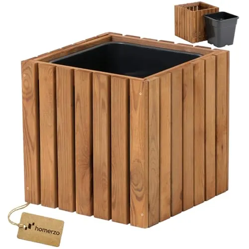 Holz Blumenkasten eckig mit Kunststoff-Pflanzeneinsatz 18 l für Balkon und Terrasse